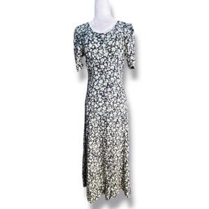 Vintage All That Jazz Navy Floral Midi Dress Scoop Neck Button Front Romantic